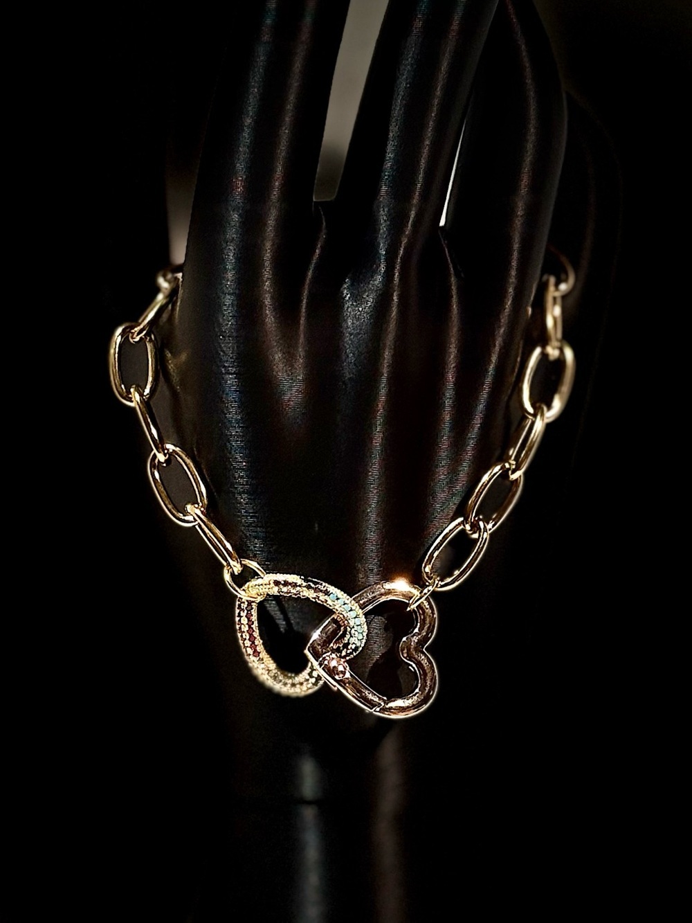 Gold Heart Link Bracelet with Zircon Accents